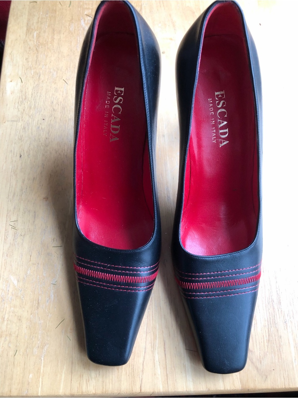 New Escada Black Leather Pumps with Red Lining and Red Stitching